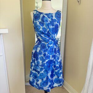 Vintage 60s Party Cocktail Sheath Dress Small Blue Floral Chiffon Swing Mad Men